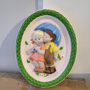 Vintage 1973 Leisuramics Ceramic Oval Wall Hanging, Boy and Girl Kissing GUC